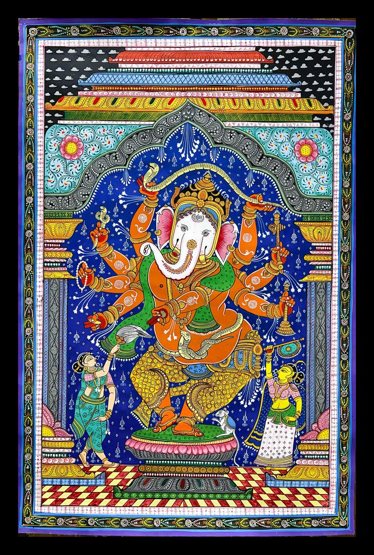 Dancing Ganesha with Attendants — Ganesha dancing with a serpent, flanked by two attendants. Hand-painted Pattachitra from Odisha.