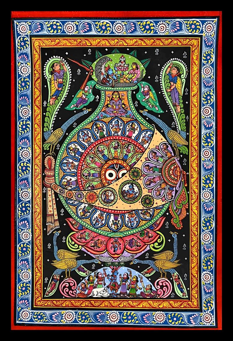 Jagannath in a Sacred Vessel, Flanked by Peacocks — Jagannath's face set into a crescent within an ornate vase form. Hand-painted Pattachitra from Odisha.