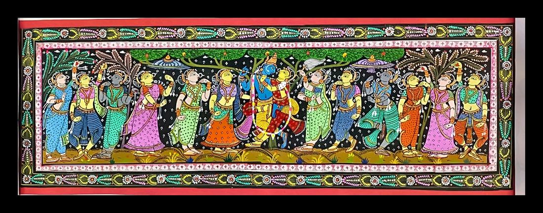 Krishna's Dance Procession Under the Trees — Krishna among gopis in procession, beneath flowering trees. Hand-painted Pattachitra from Odisha.