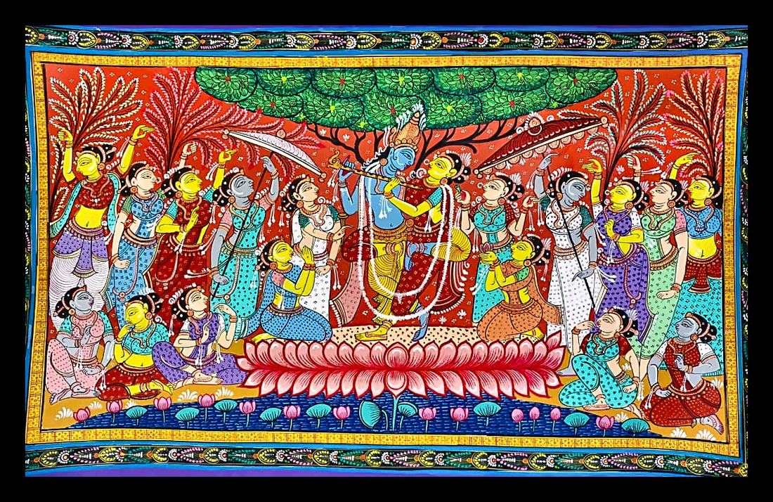 Krishna Encircled by Gopis, on a Lotus — Krishna plays flute at centre, ringed by adoring gopis. Hand-painted Pattachitra from Odisha.
