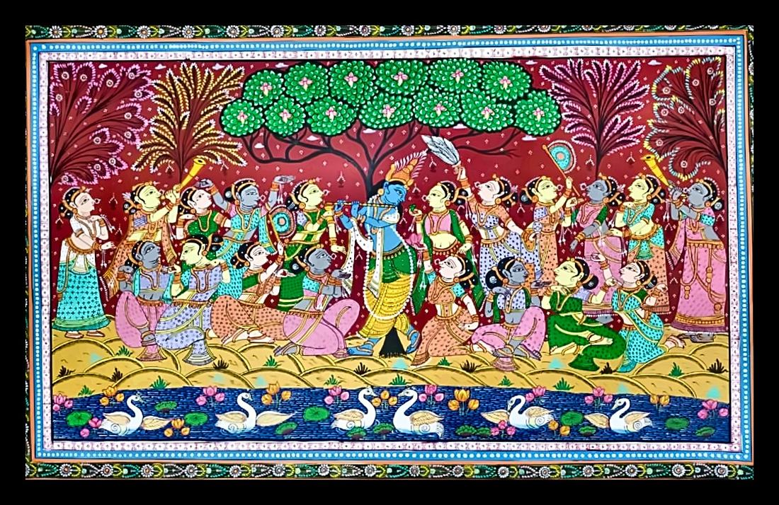 Krishna Rasa: A Celebration of Divine Love — Krishna encircled by gopis, with swans along a lotus pond. Hand-painted Pattachitra from Odisha.