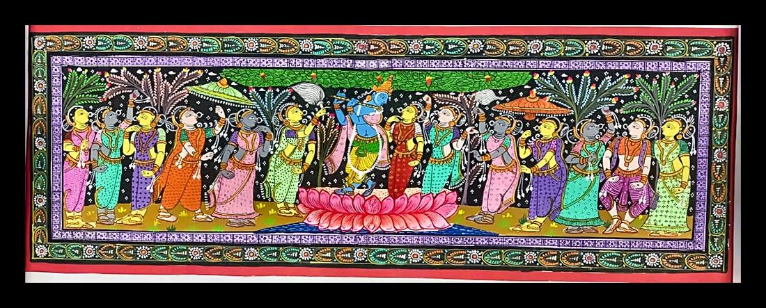 Krishna's Raas Leela on a Lotus — Krishna on a lotus, surrounded by gopis under a tree canopy. Hand-painted Pattachitra from Odisha.