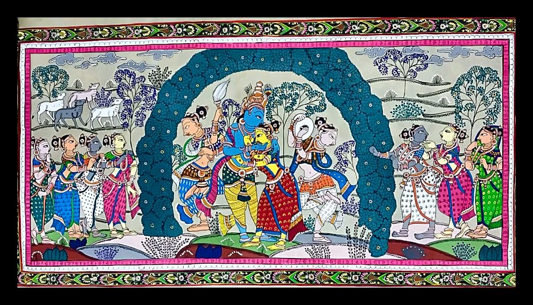 Krishna and Radha Under a Flower Arch — The pair embrace beneath a garland of teal flowers. Hand-painted Pattachitra from Odisha.