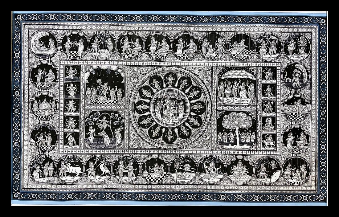 Raas Wheel with Krishna's Childhood Panels — A radiating dance wheel, framed by Krishna's early-life scenes. Hand-painted Pattachitra from Odisha.