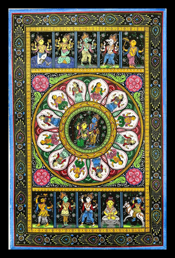 Radha-Krishna Lotus Mandala — The pair beneath a tree, ringed by a lotus-petal mandala. Hand-painted Pattachitra from Odisha.