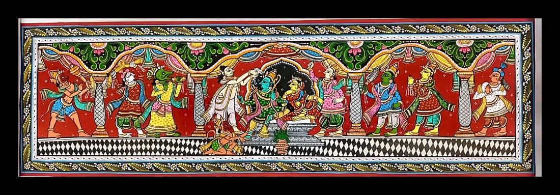 Ram darbar — A courtly exchange beneath scalloped canopies, on a checkerboard floor. Hand-painted Pattachitra from Odisha.