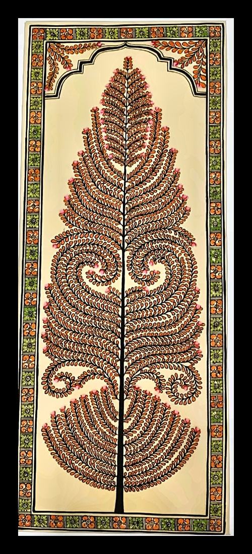 Tree of Life in Rust and Pink — A rust-brown leaf tree with small pink flower buds. Hand-painted Pattachitra from Odisha.