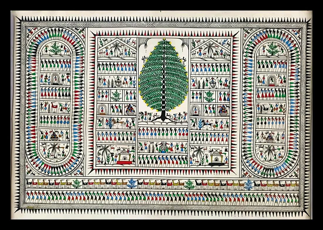 Tree of Life with Village Registers — A central tree flanked by bands of dancers, animals and palms. Hand-painted Pattachitra from Odisha.